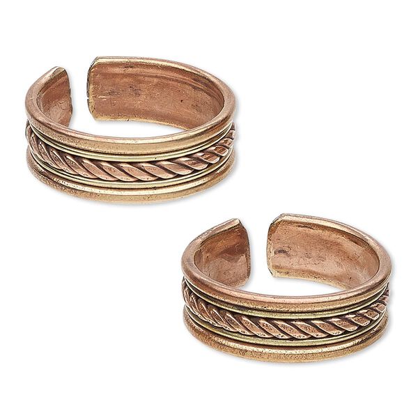 Ring, brass and copper, 7mm wide with twisted design, adjustable. Sold per pkg of 2. image number 0