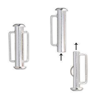 Clasp slide lock 1pkg4 silver-plated, 21x6mm round tube / fits 12.5x2mm cord, brass 1-strand