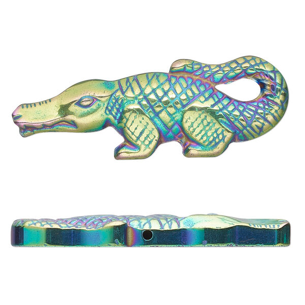Focal, electroplated Hemalyke™ (man-made), rainbow, 42.5x15mm half-drilled alligator. Sold individually. image number 0