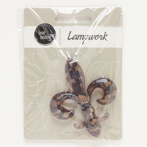 Focal, lampworked glass, opaque to transparent purple, 60x49mm fleur-de-lis with copper-colored glitter. Sold individually.