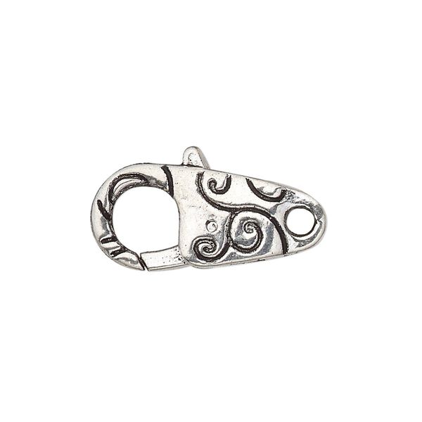 Clasp, lobster claw, antique silver-plated "pewter" (zinc-based alloy), 24.5x11mm with double-sided swirl design. Sold per pkg of 6. image number 0