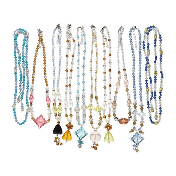 Necklace mix, glass / acrylic / silver-coated plastic / steel, multicolored, 4mm-32x32mm multi-shape, 16-34 inches with lobster claw clasp and 1-1/2 to 2-1/2 inch extender chain. Sold per pkg of 10. image number 0