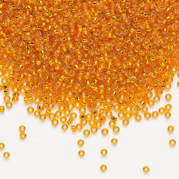 Seed bead, Miyuki, glass, pkg/35g, #15 rocaille, transparent silver-lined orange, (RR-8). image number 0