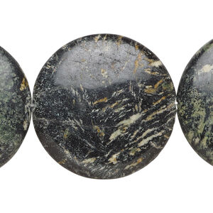 Himalayan black tourmaline 1pkg1, puffed flat round bead natural, 15 inch 31mm