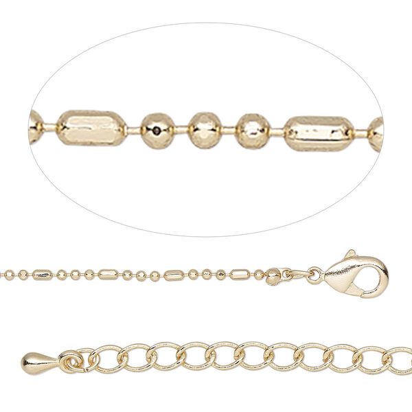 Chain, gold-finished brass, 1.2mm fancy ball, 18 inches with 2-inch extender chain and lobster claw clasp. Sold individually. image number 0