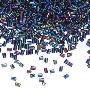 Bugle bead glass 1pk #1 round tube, 50 gram opaque blue iris black