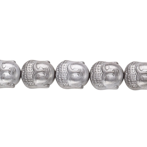 Bead, electroplated Hemalyke™, matte silver, 10x9mm Buddha head. Sold per 15-1/2" to 16" strand. image number 0