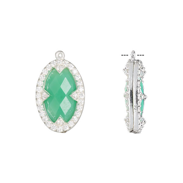 Drop, chalcedony (dyed) / cubic zirconia / sterling silver, clear and sea green, 18x12mm double-sided faceted oval. Sold individually. image number 0