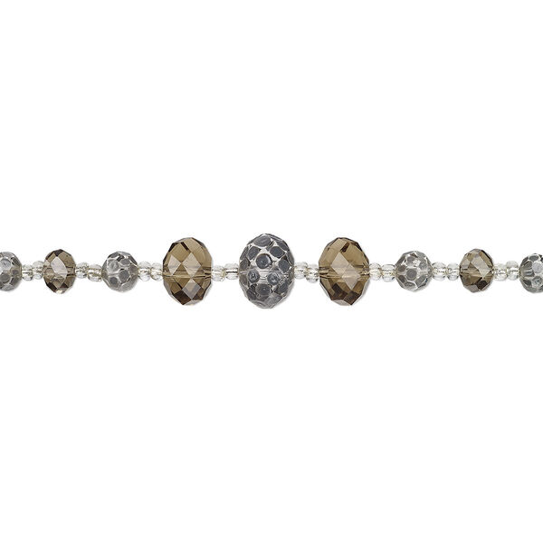 Bead, glass, clear / grey / smoky brown, 6x5mm-17x13mm graduated faceted rondelle with hand-painted polka dot design. Sold per 7-inch strand. image number 0
