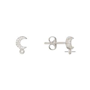 Earstud 1pkg2 rhodium-plated sterling silver / cubic zirconia, 6x5.5mm moon / closed loop / earnuts, clear 1 pair