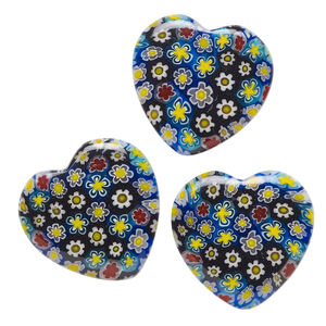 Bead, millefiori glass, translucent multicolored, 24-26mm half-drilled puffed heart with flower design. Sold per pkg of 3.