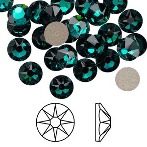 Flat back 12pk emerald foil back, Crystal Passions® 7.07-7.27mm rose round SS34 2088