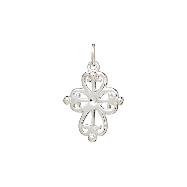 Drop, sterling silver, 16x15mm single-sided fancy heart cross with cutout design. Sold individually. image number 0