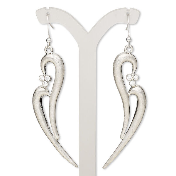 Earring, glass rhinestone with imitation rhodium-plated brass and "pewter" (zinc-based alloy), clear, 2-1/2 inches with brushed open abstract heart and fishhook ear wire. Sold per pair. image number 0