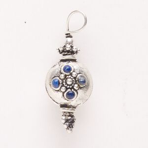 Drop, antique silver-finished "pewter" (zinc-based alloy) and lapis lazuli (natural), 28x14mm-29x14mm. Sold individually.