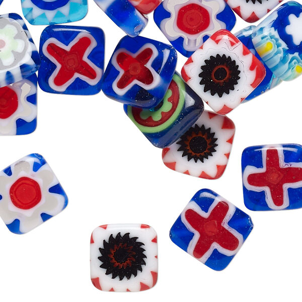 Bead mix, millefiori glass, opaque to transparent multicolored, 10mm flat diamond with 0.4-0.6mm hole. Sold per 2-ounce pkg, approximately 70-80 beads. image number 0