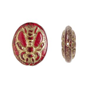 Bead, Preciosa Czech pressed glass, opaque dark red, black luster, gold finish, 22x18mm oval scarab. Sold per pkg of 5.
