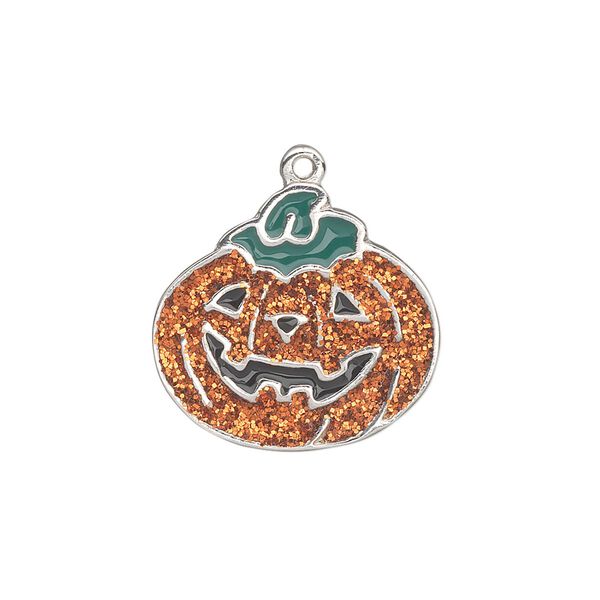 Charm, silver-plated "pewter" (zinc-based alloy) and enamel, orange / black / green with glitter, 21x20mm single-sided pumpkin. Sold individually. image number 0