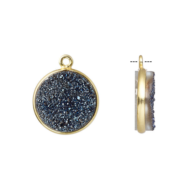 Drop, titanium- / electro-coated druzy agate (coated) / gold-finished sterling silver, cobalt, 15mm hand-cut single-sided flat round. Sold individually. image number 0