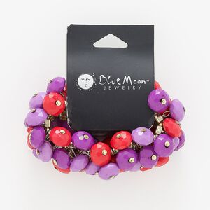 Bracelet, stretch, acrylic and gold-finished "pewter" (zinc-based alloy), red / purple / light purple, 35mm wide with 3-row faceted rondelle, adjustable from 6 to 8 inches. Sold individually.