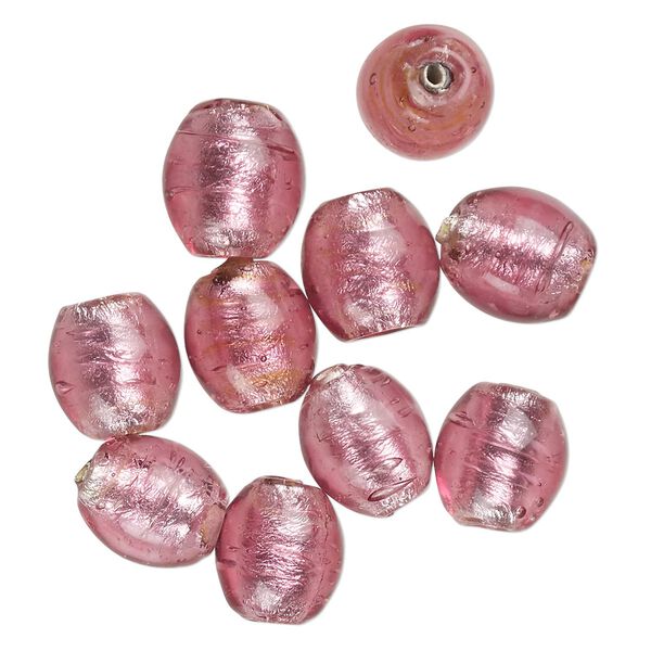Bead, lampworked glass, opaque pink, 13x10mm-10x9mm oval with silver-colored foil. Sold per pkg of 10. image number 0