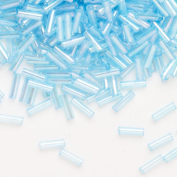 Bead, Ming Tree™, bugle bead, glass, pkg/1/4 pound, 1/4 inch, rainbow transparent aqua. image number 0