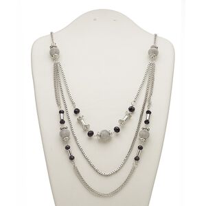 Necklace, 3-strand, acrylic / silver-coated plastic / silver-plated steel, black and grey, 26 inches with 2-inch extender chain and lobster claw clasp. Sold individually.