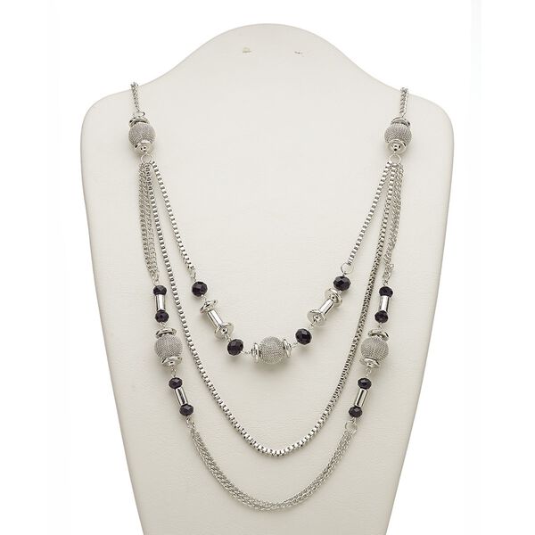 Necklace, 3-strand, acrylic / silver-coated plastic / silver-plated steel, black and grey, 26 inches with 2-inch extender chain and lobster claw clasp. Sold individually. image number 0