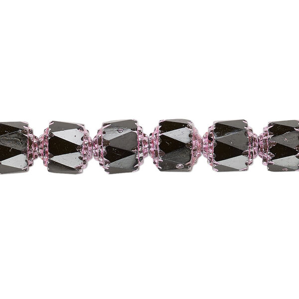 Bead, Czech glass, opaque jet and metallic pink, 8mm round cathedral. Sold per 15-1/2" to 16" strand. image number 0