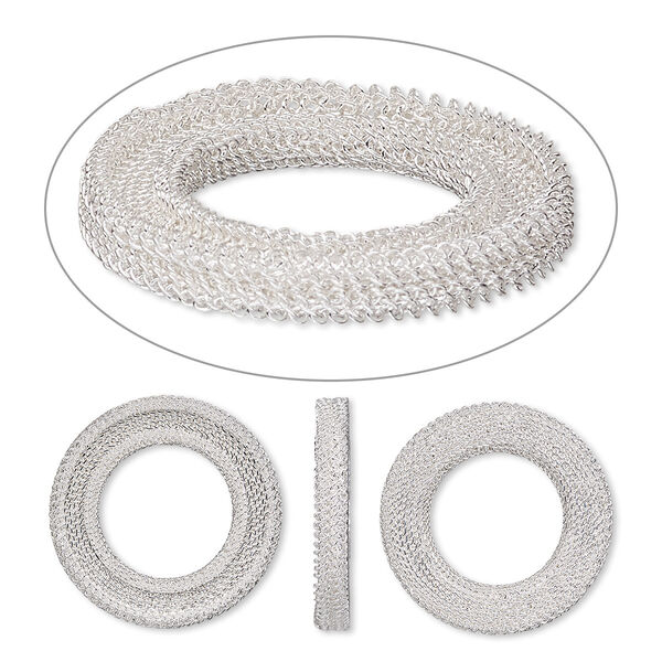 Component, silver-plated brass, 28mm two-sided round mesh donut with 2.5mm channel and flat back. Sold per pkg of 2. image number 0