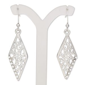 Earring, glass rhinestone with imitation rhodium-finished brass and "pewter" (zinc-based alloy), clear, 2 inches with brushed diamond and cutout design with fishhook ear wire. Sold per pair.