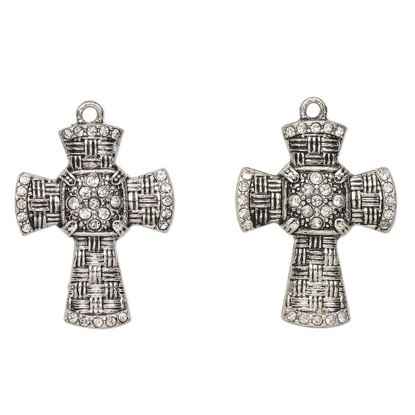 Focal, antique silver-finished "pewter" (zinc-based alloy) and glass, clear, 30x23mm weaved cross. Sold per pkg of 2. image number 0