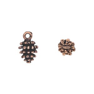 Charm, pewter (tin-based alloy), pkg/1, antique copper plate, 10.5x9mm double-sided fir cone.