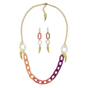 Necklace and earring set, One of a Kind Jewelry, gold-plated brass / crystal / thread, clear and sunset ombré, 28-inch necklace. Only one available.