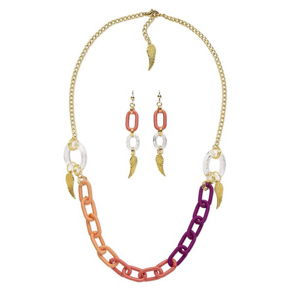 Necklace and earring set, One of a Kind Jewelry, gold-plated brass / crystal / thread, clear and sunset ombré, 28-inch necklace. Only one available. image number 0