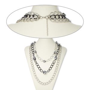 Necklace, acrylic / aluminum / black- / imitation rhodium-plated aluminum / steel, black and white, round with stripes, 21 inches with 2-inch extender chain and lobster claw clasp. Sold individually.
