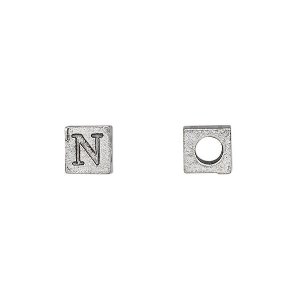 Bead, antiqued pewter (tin-based alloy), 7mm cube with Greek letter, NU. Sold per pkg of 4. image number 0
