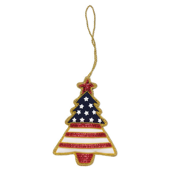 Ornament, gold-finished copper / velveteen / plastic, red / white / blue, 4-1/5x3 inch single-sided Christmas tree with stars and stripes design and glass beads. Sold individually. image number 0