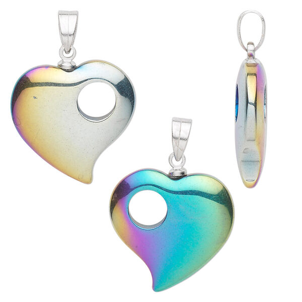 Pendant, Hemalyke™ (man-made) and silver-plated brass, rainbow coating, 20x20mm heart. Sold individually. image number 0