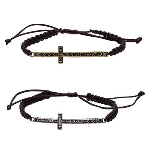 Bracelet, nylon with antique silver- and brass-plated "pewter" (zinc-based alloy), black, 15mm wide with 60x15mm curved cross and hearts, adjustable from 6 to 8-1/2 inches with macramé knot closure. Sold per pkg of 2.