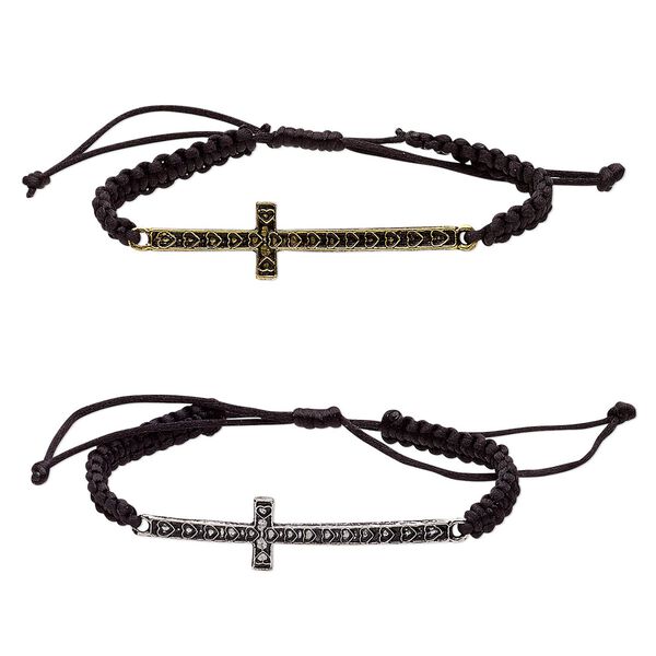 Bracelet, nylon with antique silver- and brass-plated "pewter" (zinc-based alloy), black, 15mm wide with 60x15mm curved cross and hearts, adjustable from 6 to 8-1/2 inches with macramé knot closure. Sold per pkg of 2. image number 0