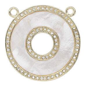 Focal, mother-of-pearl shell and gold-finished pewter (tin-based alloy) with Czech crystal, clear and white, 39mm single-sided flat donut with 2 top loops. Sold individually.