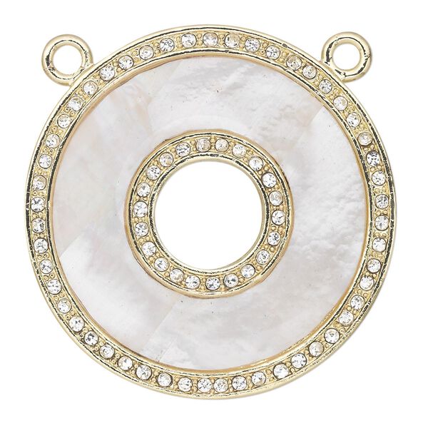 Focal, mother-of-pearl shell and gold-finished pewter (tin-based alloy) with Czech crystal, clear and white, 39mm single-sided flat donut with 2 top loops. Sold individually. image number 0