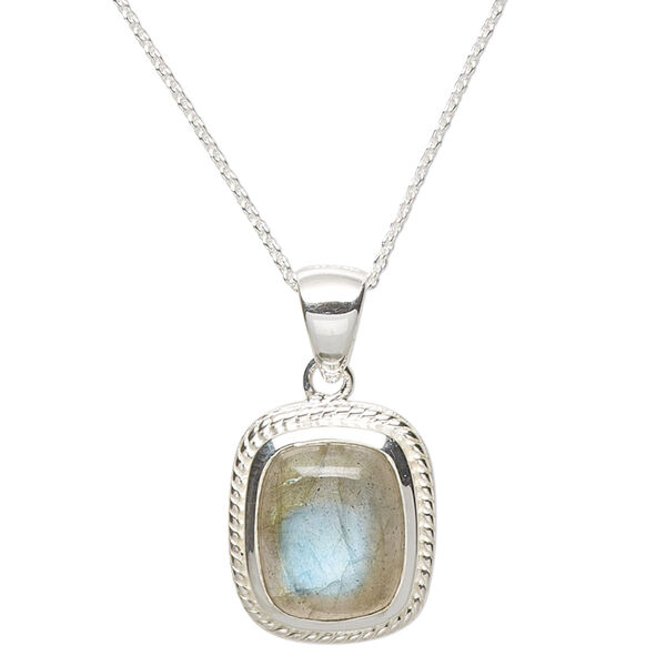 Necklace, labradorite (natural) and sterling silver, 17x14mm rectangle, 18 inches with springring clasp. Sold individually. image number 0