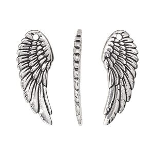 Charm, TierraCast®, antique silver-plated pewter (tin-based alloy), 27.5x11mm two-sided curved wing. Sold per pkg of 2.