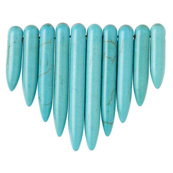 Focal, magnesite (dyed / stabilized), turquoise blue, 20x5mm-39x5mm graduated spike fan, B grade, Mohs hardness 3-1/2 to 4. Sold per 10-piece set. image number 0