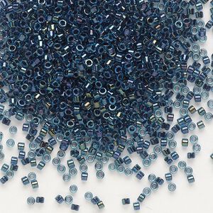 Seed bead, Delica®, glass, pkg/250g, #11 round, translucent midnight blue-lined luster aqua (DB-0286).