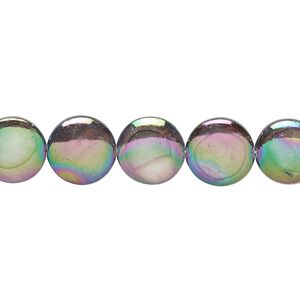 Bead, mother-of-pearl shell (dyed / coated), silver, 10mm flat round, Mohs hardness 3-1/2. Sold per 15-inch strand.