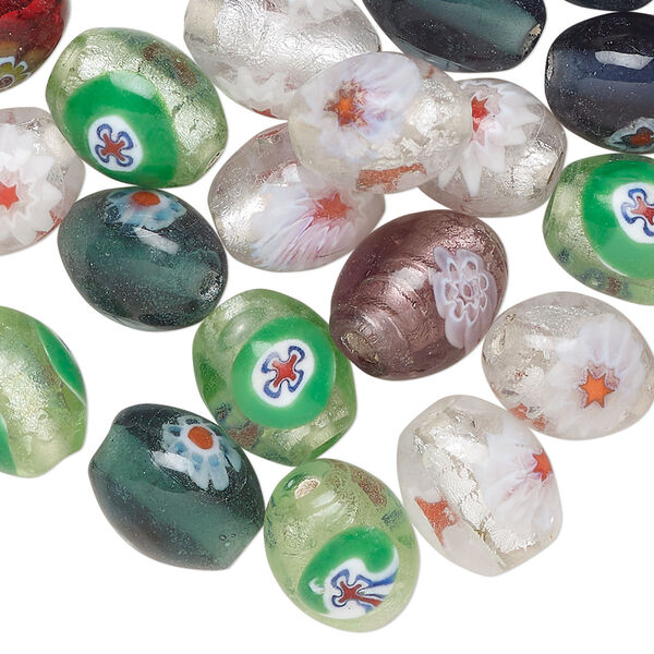 Bead, millefiori glass, translucent mixed colors, 19x11mm oval with silver-colored foil. Sold per 2-ounce pkg, approximately 40 beads. image number 0