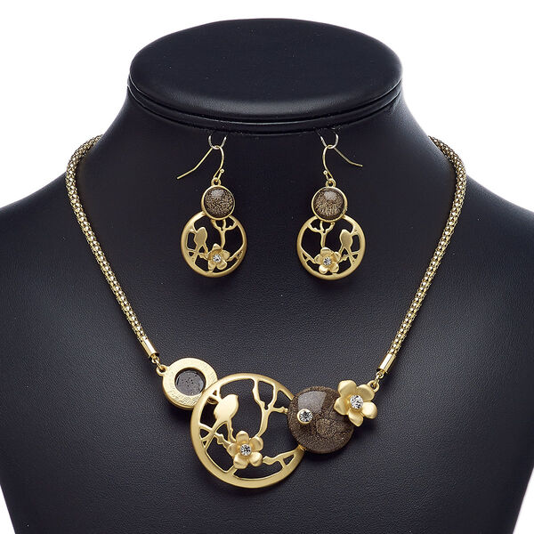 Necklace and earring set, acrylic / glass rhinestone / gold-finished steel / brass / "pewter" (zinc-based alloy), clear and brown, round and flower, 18-inch necklace with 2-inch extender chain and lobster claw clasp, 39mm earrings with fishhook ear wire. Sold per set. image number 0